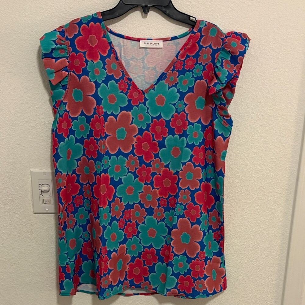 First Love Vibrant Boho‎ Floral Ruffle Sleeve Blouse Romantic Feminine